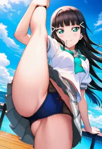 海辺にいる夏服姿の黒澤ダイヤのパンチラ