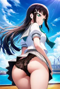 海辺にいる夏服姿の黒澤ダイヤの背面パンチラ