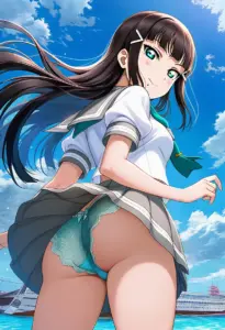 海辺にいる夏服姿の黒澤ダイヤの背面パンチラ