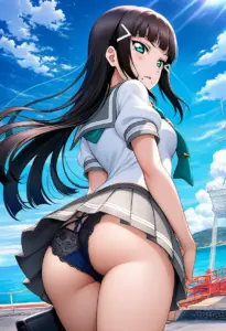 海辺にいる夏服姿の黒澤ダイヤの背面パンチラ