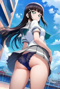 海辺にいる夏服姿の黒澤ダイヤの背面パンチラ