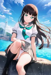 海辺にいる夏服姿の黒澤ダイヤの座りパンチラ
