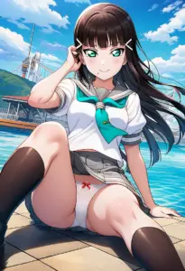 海辺にいる夏服姿の黒澤ダイヤの座りパンチラ