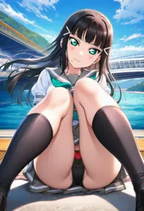 海辺にいる夏服姿の黒澤ダイヤの座りパンチラ