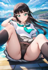 海辺にいる夏服姿の黒澤ダイヤの座りパンチラ