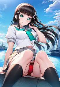 海辺にいる夏服姿の黒澤ダイヤの座りパンチラ
