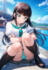 海辺にいる夏服姿の黒澤ダイヤの座りパンチラ