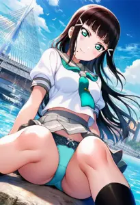 海辺にいる夏服姿の黒澤ダイヤの座りパンチラ