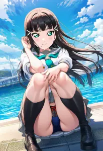 海辺にいる夏服姿の黒澤ダイヤの座りパンチラ