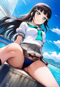 海辺にいる夏服姿の黒澤ダイヤの座りパンチラ