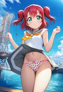 海辺にいる夏服姿の黒澤ルビィのパンチラ