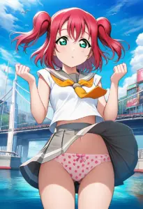 海辺にいる夏服姿の黒澤ルビィのパンチラ