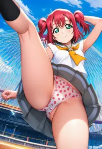 海辺にいる夏服姿の黒澤ルビィのパンチラ