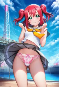 海辺にいる夏服姿の黒澤ルビィのパンチラ