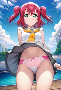 海辺にいる夏服姿の黒澤ルビィのパンチラ