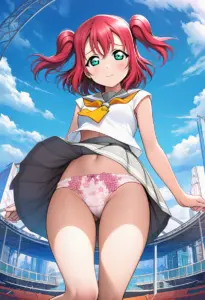 海辺にいる夏服姿の黒澤ルビィのパンチラ