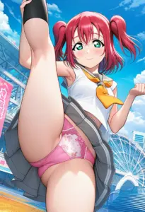 海辺にいる夏服姿の黒澤ルビィのパンチラ