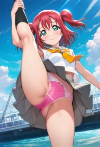海辺にいる夏服姿の黒澤ルビィのパンチラ