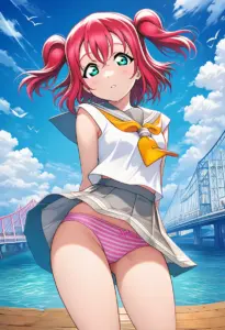 海辺にいる夏服姿の黒澤ルビィのパンチラ