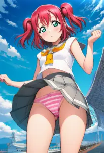 海辺にいる夏服姿の黒澤ルビィのパンチラ