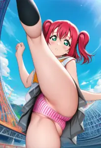 海辺にいる夏服姿の黒澤ルビィのパンチラ