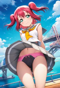 海辺にいる夏服姿の黒澤ルビィのパンチラ