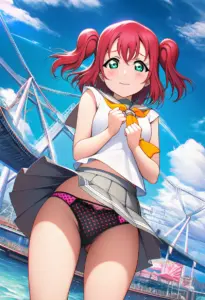 海辺にいる夏服姿の黒澤ルビィのパンチラ