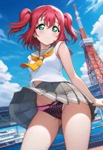海辺にいる夏服姿の黒澤ルビィのパンチラ