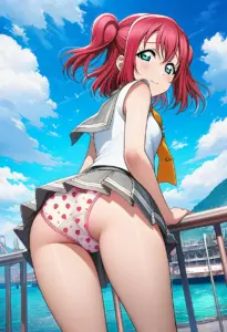 海辺にいる夏服姿の黒澤ルビィの背面パンチラ