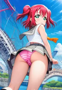 海辺にいる夏服姿の黒澤ルビィの背面パンチラ