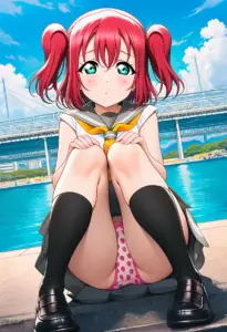海辺にいる夏服姿の黒澤ルビィの座りパンチラ