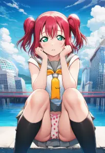 海辺にいる夏服姿の黒澤ルビィの座りパンチラ
