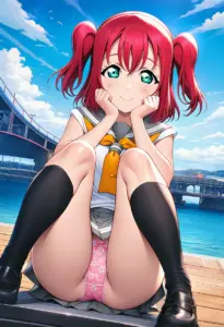 海辺にいる夏服姿の黒澤ルビィの座りパンチラ