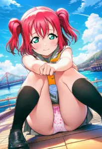 海辺にいる夏服姿の黒澤ルビィの座りパンチラ