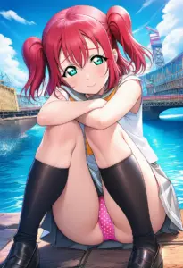海辺にいる夏服姿の黒澤ルビィの座りパンチラ