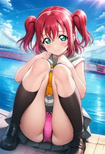 海辺にいる夏服姿の黒澤ルビィの座りパンチラ