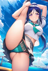 海辺にいる夏服姿の松浦果南のパンチラ