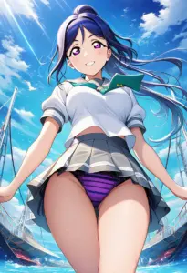 海辺にいる夏服姿の松浦果南のパンチラ