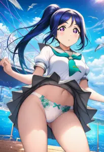 海辺にいる夏服姿の松浦果南のパンチラ