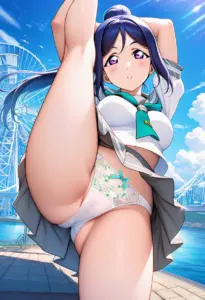 海辺にいる夏服姿の松浦果南のパンチラ