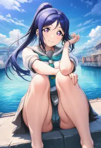 海辺にいる夏服姿の松浦果南の座りパンチラ