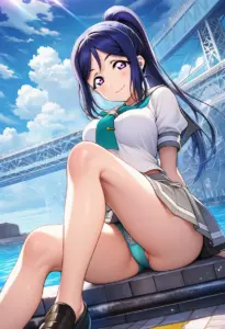 海辺にいる夏服姿の松浦果南の座りパンチラ