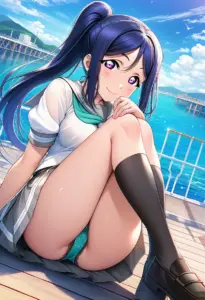 海辺にいる夏服姿の松浦果南の座りパンチラ