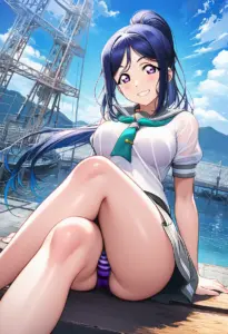 海辺にいる夏服姿の松浦果南の座りパンチラ