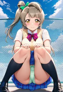 屋上にいる夏服姿の南ことりの座りパンチラ