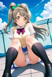屋上にいる夏服姿の南ことりの座りパンチラ