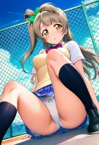 屋上にいる夏服姿の南ことりの座りパンチラ