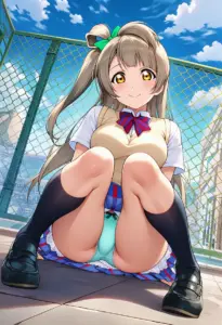 屋上にいる夏服姿の南ことりの座りパンチラ