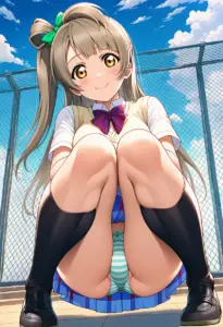 屋上にいる夏服姿の南ことりの座りパンチラ