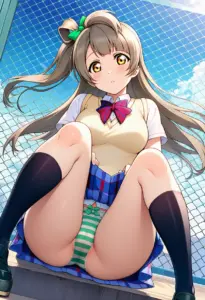 屋上にいる夏服姿の南ことりの座りパンチラ
